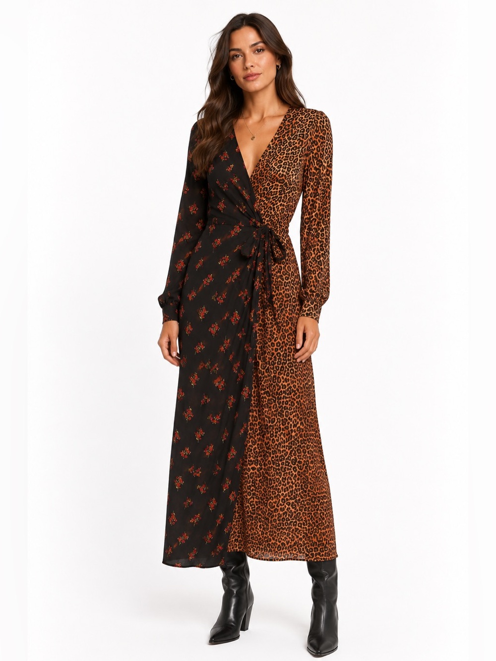 Leopard Floral Mixed Print Wrap Maxi Dress Long Sleeve XXS